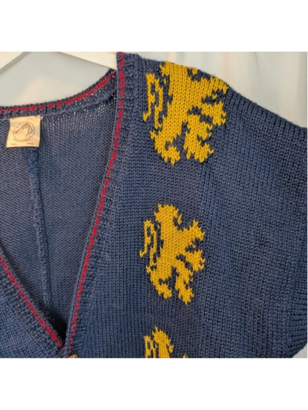 Handmade Wool Navy Cardigan with Yellow Lion Accents Size L In VGUC